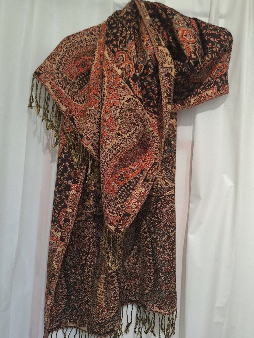 Scarf / Shawl Orange and Brown with Paisley w small vine pattern